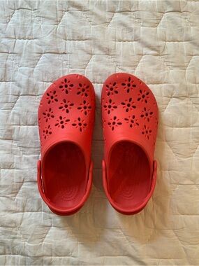 Sold by Free People CROCS Classic Red Floral Cutout Clog